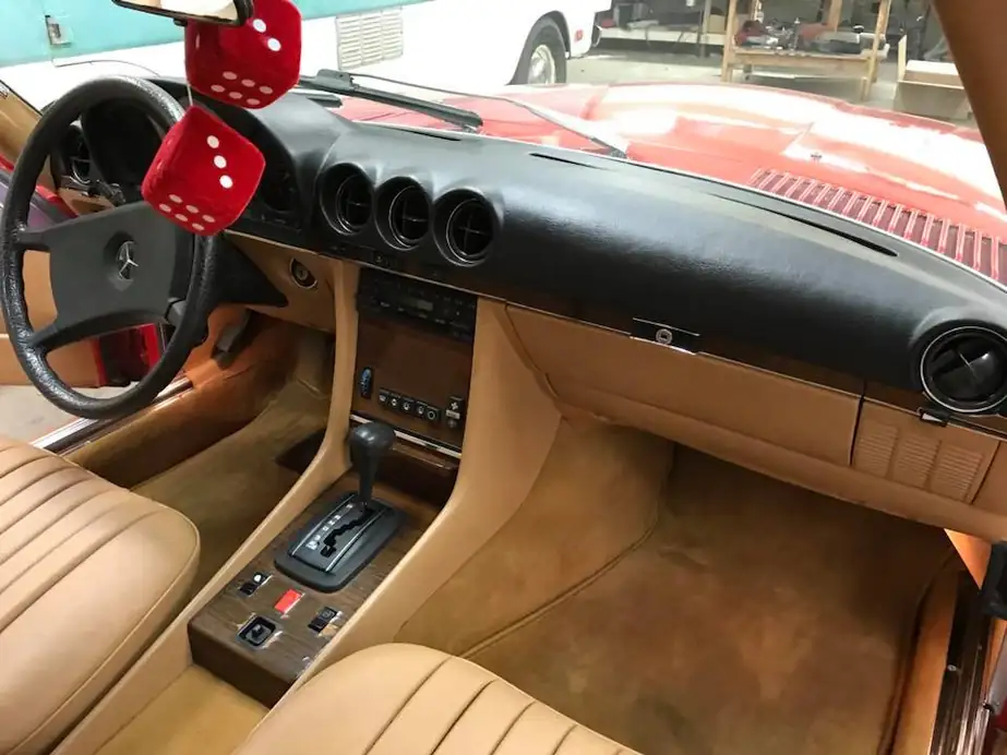 Mercedes-Benz convertible interior in tan leather and carpet